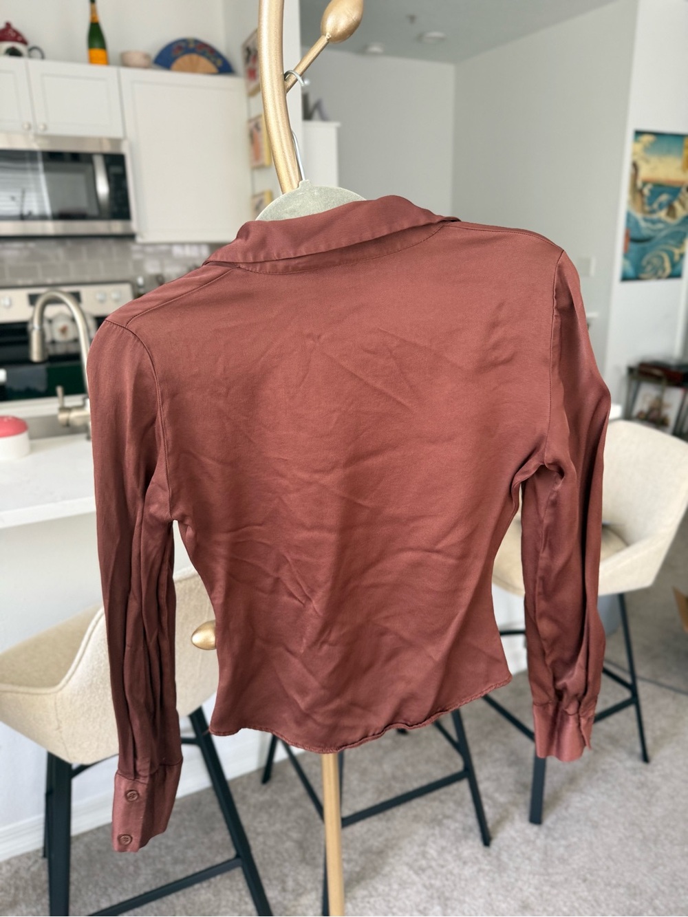 Zara Satin-Look Rust Button-Front Ruched Shirt - Picture 2 of 3